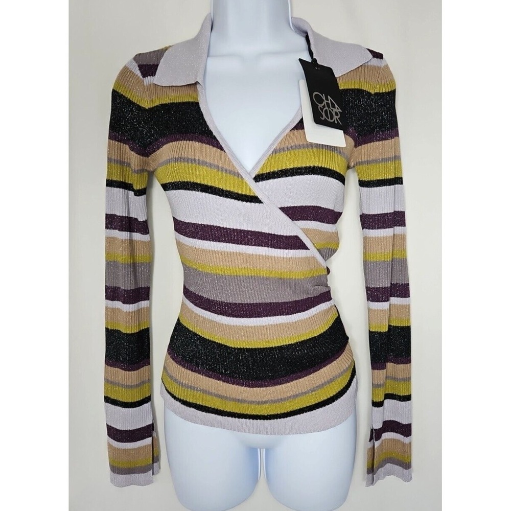 Chaser Women's Haight Street Stripe Faux Wrap Pullover Sweater Size Small NWT